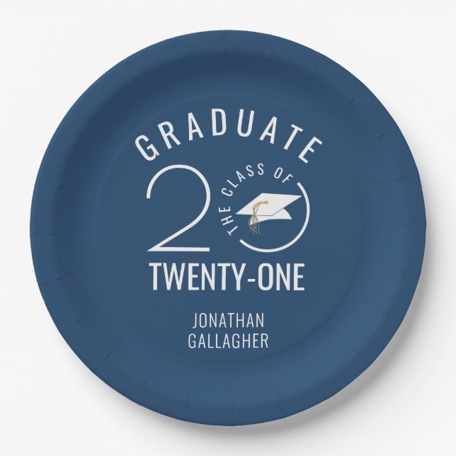 Modern CLASS OF 2021 Typography Name Blue Paper Plate (Front)