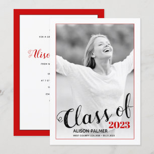 Modern Class of 2023 script red border photo Invitation