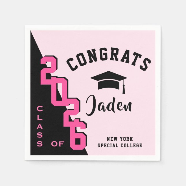 Modern Class of 2024 Black Pink Graduation Party Napkin (Front)