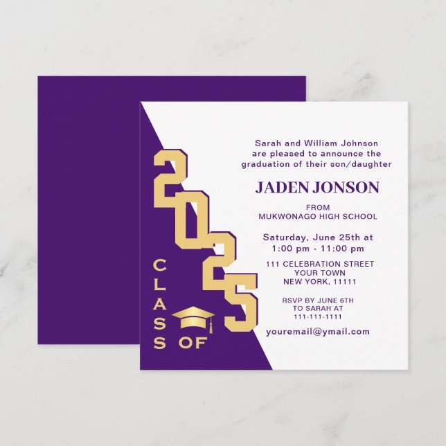 Modern Class of 2024 Gold Purple Graduation Party Invitation (Front/Back)