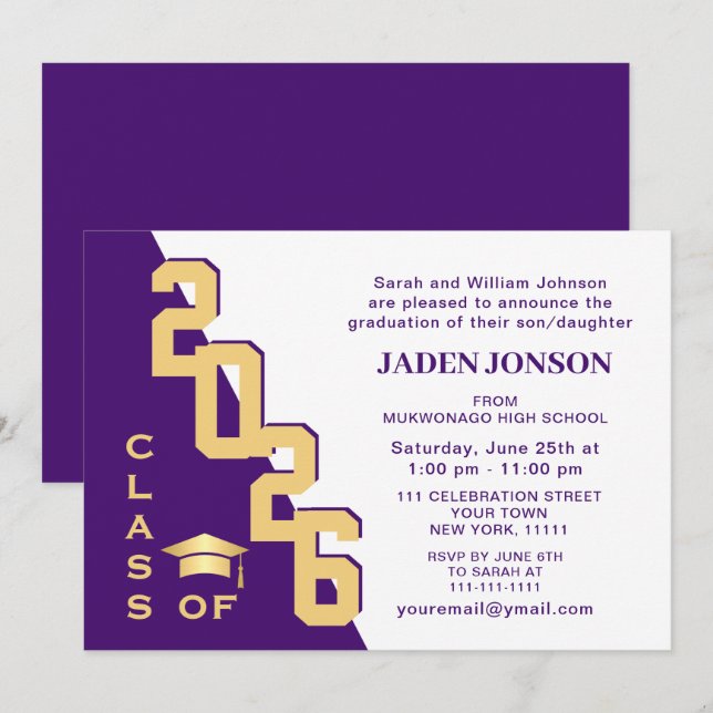 Modern Class of 2024 Gold Purple Graduation Party Invitation (Front/Back)