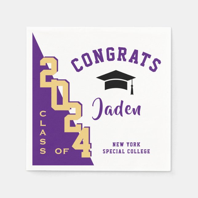Modern Class of 2024 Gold Purple Graduation Party Napkin (Front)
