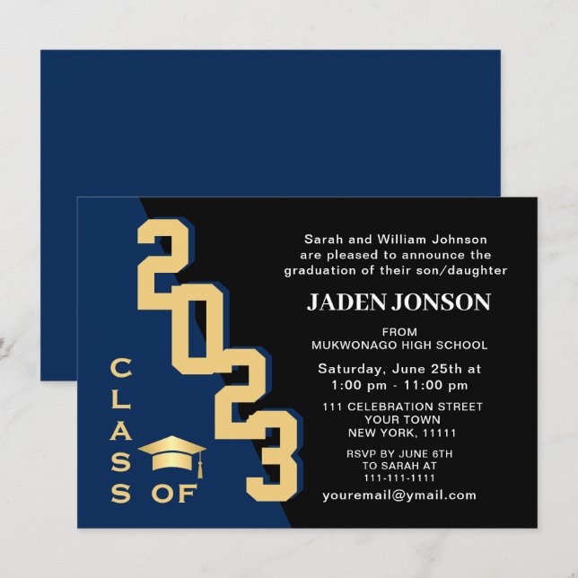 Modern Class of 2024 Golden Navy Graduation Party Invitation (Front/Back)