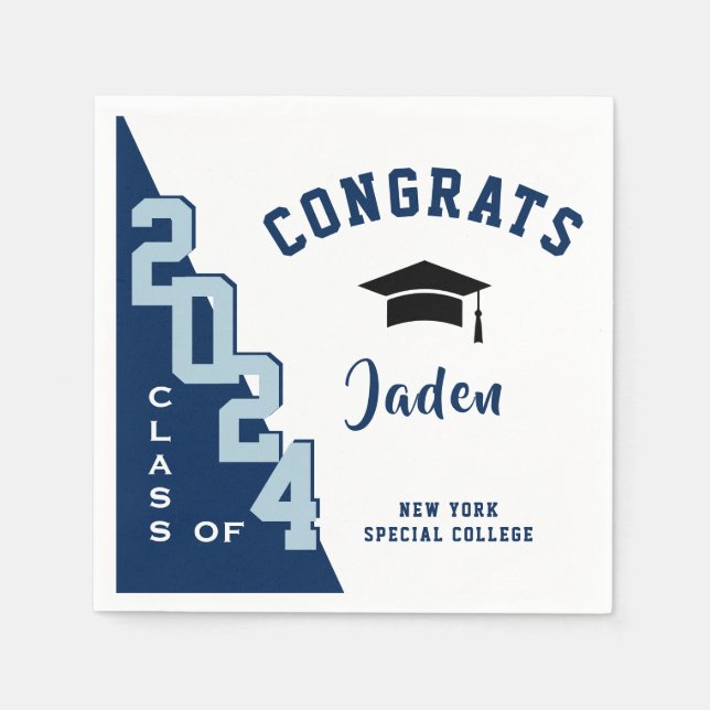 Modern Class of 2024 Navy Grey Graduation Party Napkin (Front)