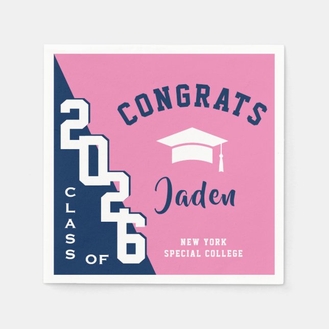 Modern Class of 2024 Navy Pink Graduation Party Napkin (Front)