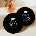 Modern Class of 2025 Black and White Graduation Paper Plate<br><div class="desc">Add a personalised touch to your graduation party with these modern graduation paper plates! The paper plates feature a graduation cap at the top of the design with "Class of 2025" displayed in bold white lettering on a black background. Personalise the black and white graduation plates with the graduate's name,...</div>