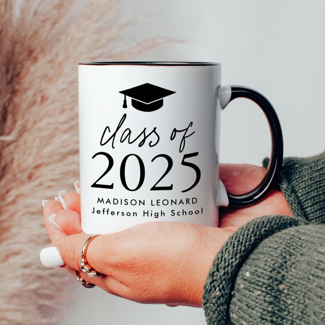 Modern Class of 2025 Black Script Graduation Cap Mug (Creator Uploaded)