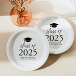 Modern Class of 2025 Black Script Graduation Paper Plate<br><div class="desc">Add a personalised touch to your graduation party with these modern graduation paper plates! The paper plates feature a black graduation cap at the top of the design with "Class of 2025" displayed in bold black lettering. Personalise the black and white graduation plates with the graduate's name, school, and graduation...</div>