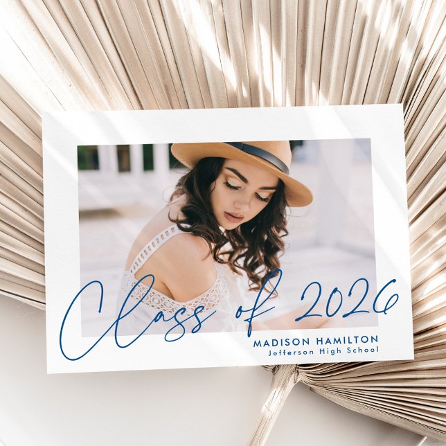 Modern Class of 2025 Blue Script Photo Graduation Announcement (Creator Uploaded)