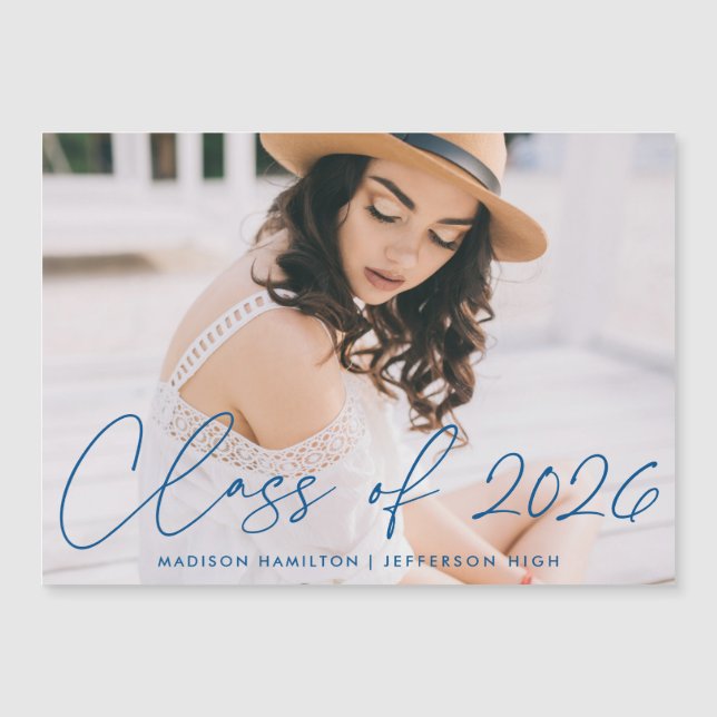 Modern Class of 2025 Blue Script Photo Graduation Magnetic Invitation (Front)