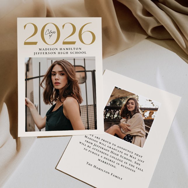 Modern Class of 2025 Gold 2 Photo Graduation Announcement (Creator Uploaded)