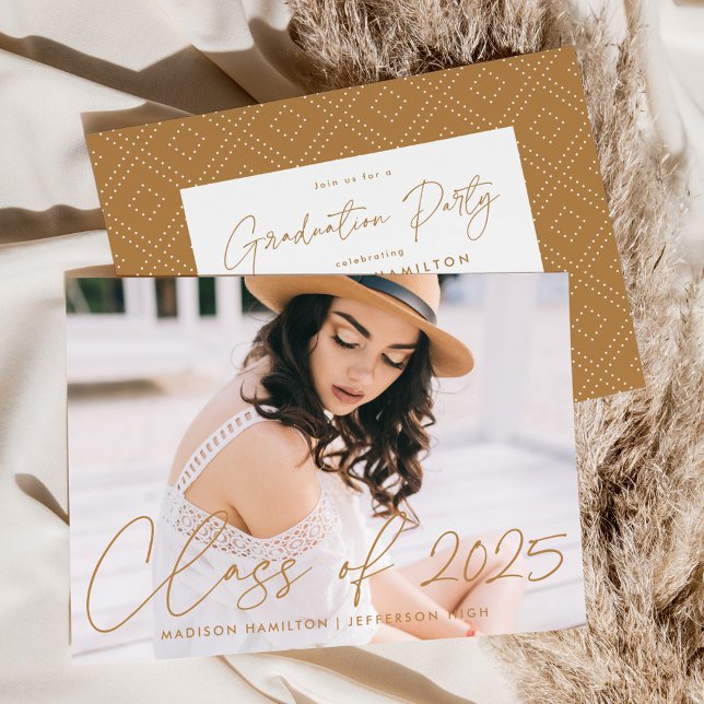 Modern Class of 2025 Gold Script Graduation Party Invitation (Creator Uploaded)