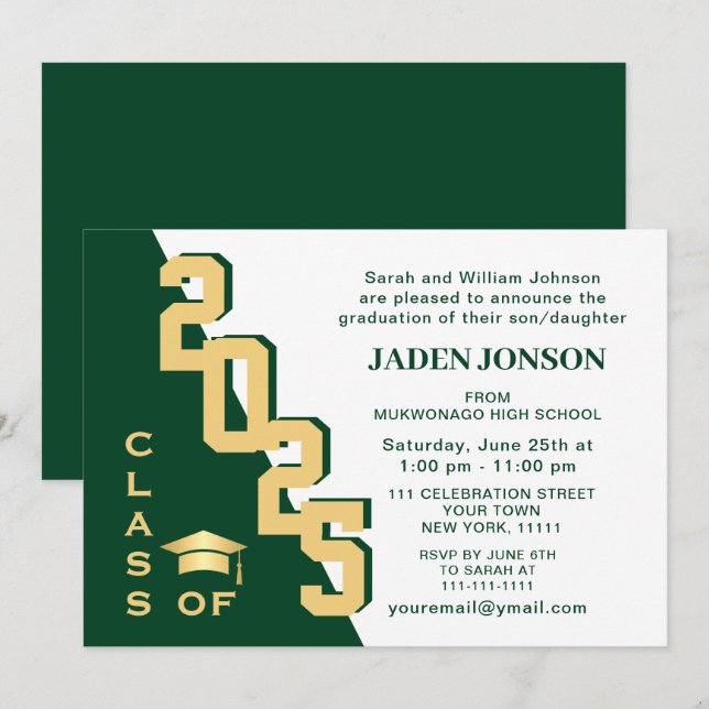Modern Class of 2025 Golden Green Graduation Party Invitation (Front/Back)