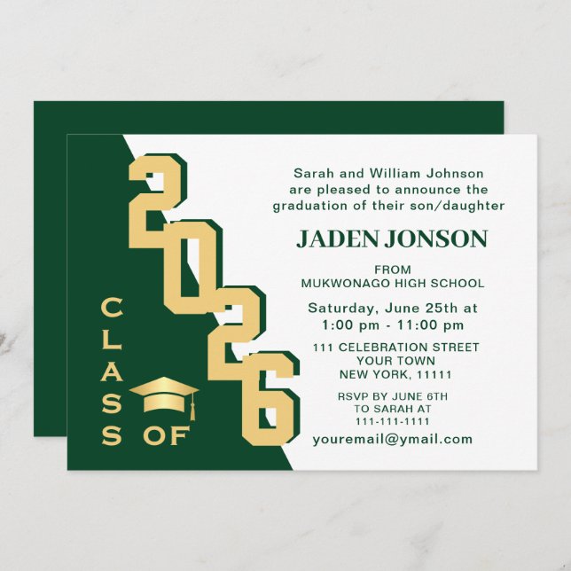 Modern Class of 2025 Golden Green Graduation Party Invitation (Front/Back)