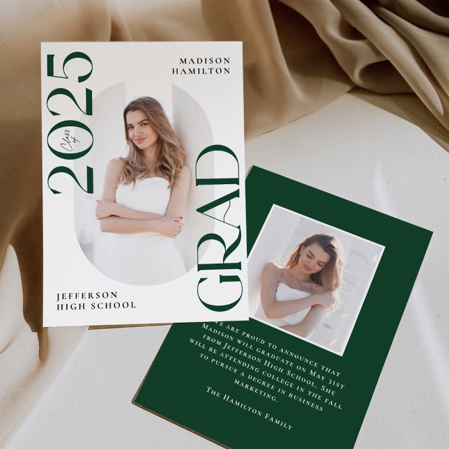 Modern Class of 2025 Green Grad 2 Photo Graduation Announcement (Creator Uploaded)