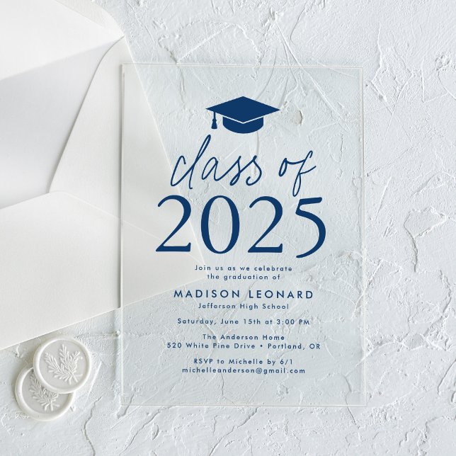 Modern Class of 2025 Navy Graduation Party Acrylic Invitations (Creator Uploaded)