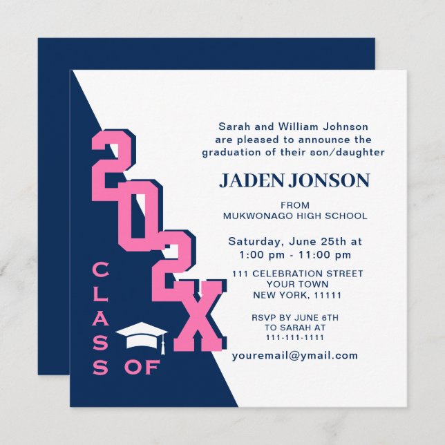 Modern Class of 2025 Navy Pink Graduation Party Invitation (Front/Back)