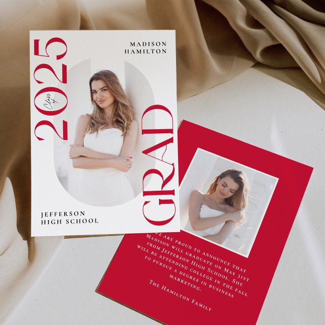 Modern Class of 2025 Red Grad 2 Photo Graduation Announcement (Creator Uploaded)