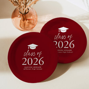 Modern Class of 2025 Script Burgundy Graduation Paper Plate