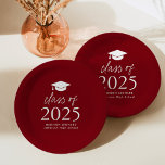 Modern Class of 2025 Script Burgundy Graduation Paper Plate<br><div class="desc">Add a personalised touch to your graduation party with these modern graduation paper plates! The paper plates feature a graduation cap at the top of the design with "Class of 2025" displayed in bold white lettering on a burgundy background. Personalise the burgundy graduation plates with the graduate's name, school, and...</div>