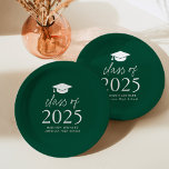 Modern Class of 2025 Script Green Graduation Paper Plate<br><div class="desc">Add a personalised touch to your graduation party with these modern graduation paper plates! The paper plates feature a graduation cap at the top of the design with "Class of 2025" displayed in bold white lettering on a green background. Personalise the green graduation plates with the graduate's name, school, and...</div>