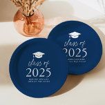 Modern Class of 2025 Script Navy Blue Graduation Paper Plate<br><div class="desc">Add a personalised touch to your graduation party with these modern graduation paper plates! The paper plates feature a graduation cap at the top of the design with "Class of 2025" displayed in bold white lettering on a navy blue background. Personalise the navy graduation plates with the graduate's name, school,...</div>