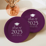 Modern Class of 2025 Script Purple Graduation Paper Plate<br><div class="desc">Add a personalised touch to your graduation party with these modern graduation paper plates! The paper plates feature a graduation cap at the top of the design with "Class of 2025" displayed in bold white lettering on a purple background. Personalise the purple graduation plates with the graduate's name, school, and...</div>