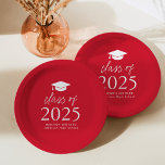 Modern Class of 2025 Script Red Graduation Paper Plate<br><div class="desc">Add a personalised touch to your graduation party with these modern graduation paper plates! The paper plates feature a graduation cap at the top of the design with "Class of 2025" displayed in bold white lettering on a red background. Personalise the red graduation plates with the graduate's name, school, and...</div>