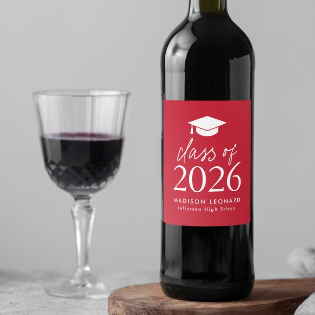 Modern Class of 2025 Script Red Graduation Wine Label (Creator Uploaded)
