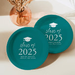 Modern Class of 2025 Script Teal Graduation Paper Plate<br><div class="desc">Add a personalised touch to your graduation party with these modern graduation paper plates! The paper plates feature a graduation cap at the top of the design with "Class of 2025" displayed in bold white lettering on a teal background. Personalise the teal graduation plates with the graduate's name, school, and...</div>