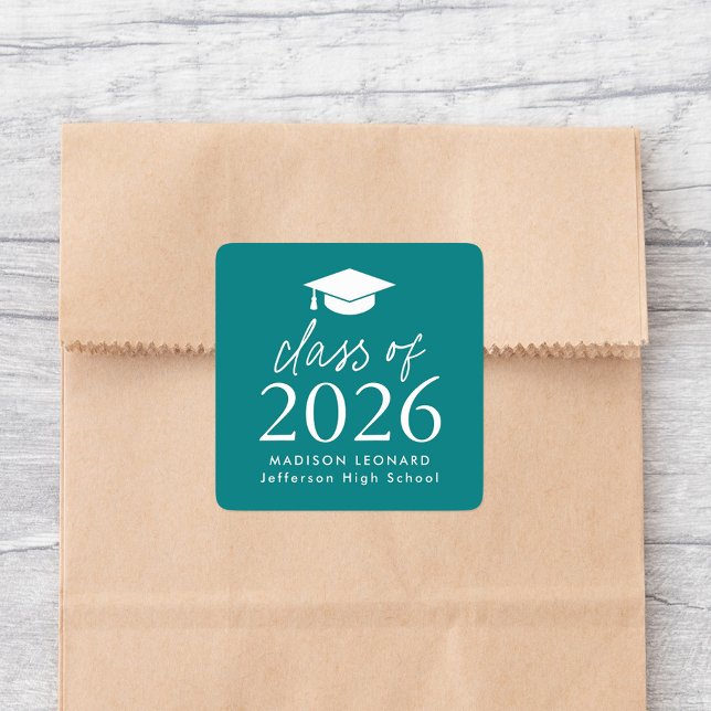 Modern Class of 2025 Script Teal Graduation Square Sticker (Creator Uploaded)