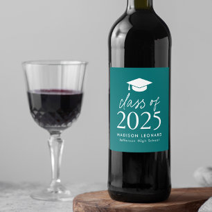 Modern Class of 2025 Script Teal Graduation Wine Label