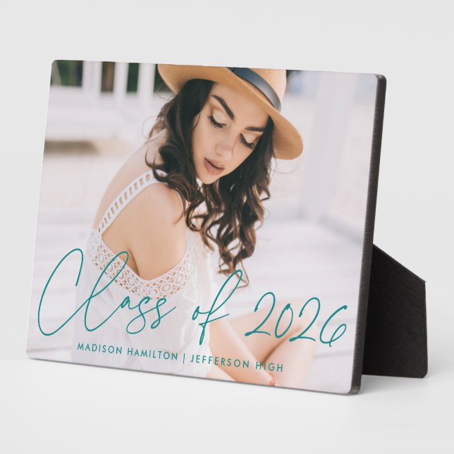 Modern Class of 2025 Teal Script Graduation Photo Plaque (Side)