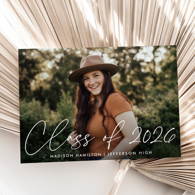 Modern Class of 2025 White Script Photo Graduation Announcement (Creator Uploaded)