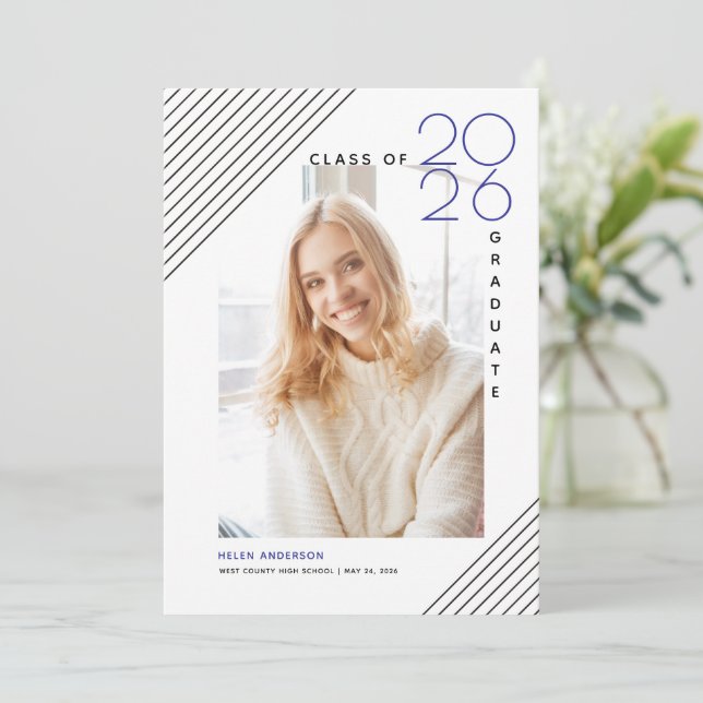 Modern class of 2026 graduate black, rblue photo announcement (Standing Front)