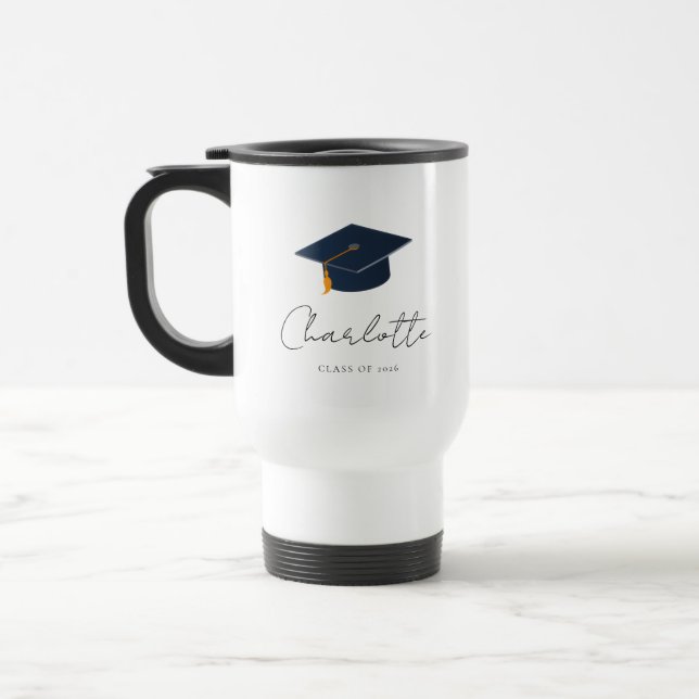 Modern Class of 2026 Minimalist Grad Hat Travel Mug (Left)