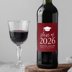 Modern Class of 2026 Script Burgundy Graduation Wine Label