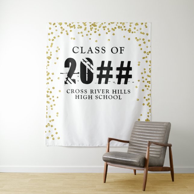 Modern CLASS OF 20XX Gold Confetti Photo Backdrop Tapestry (In Situ)