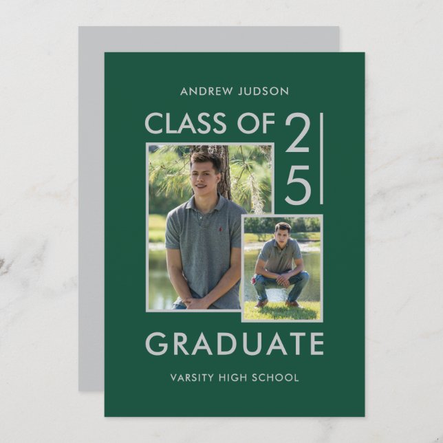Modern Class Of 25 Green Silver 2 Photo Open House Invitation (Front/Back)