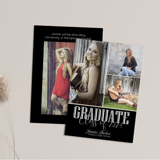 Modern Class of Add Four Photos Black Graduation Announcement (Creator Uploaded)