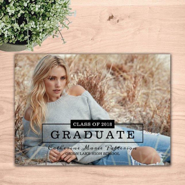 Modern Class Typography Photo Graduation | Black Invitation (Modern Class Typography Photo Graduation Announcement)