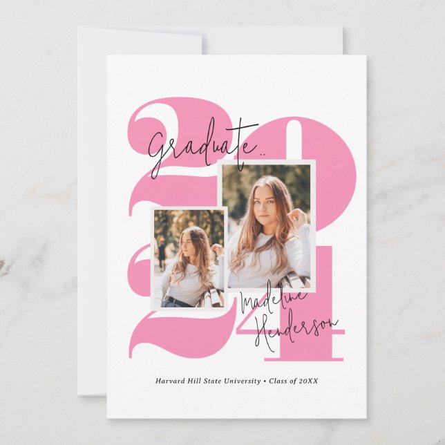Modern Class Year 5 Photo Hot Pink Graduation Announcement (Front)