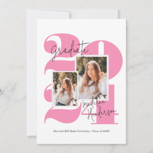 Modern Class Year 5 Photo Hot Pink Graduation Announcement