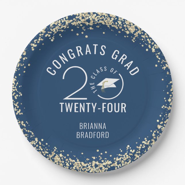Modern CLASS YEAR Graduation Blue Gold Paper Plate (Front)