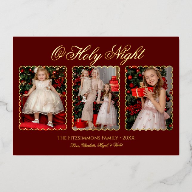 Modern Classic 3 Photos Family Foil Christmas Card (Front)