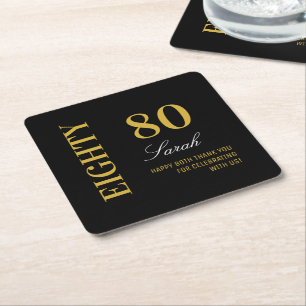 Modern Classic Black 80th Birthday Cocktail Party  Square Paper Coaster