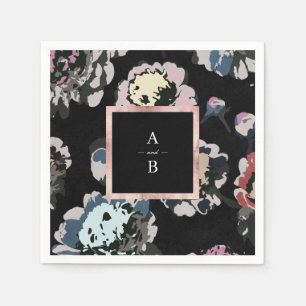 Modern classic black abstract floral monogram napkin