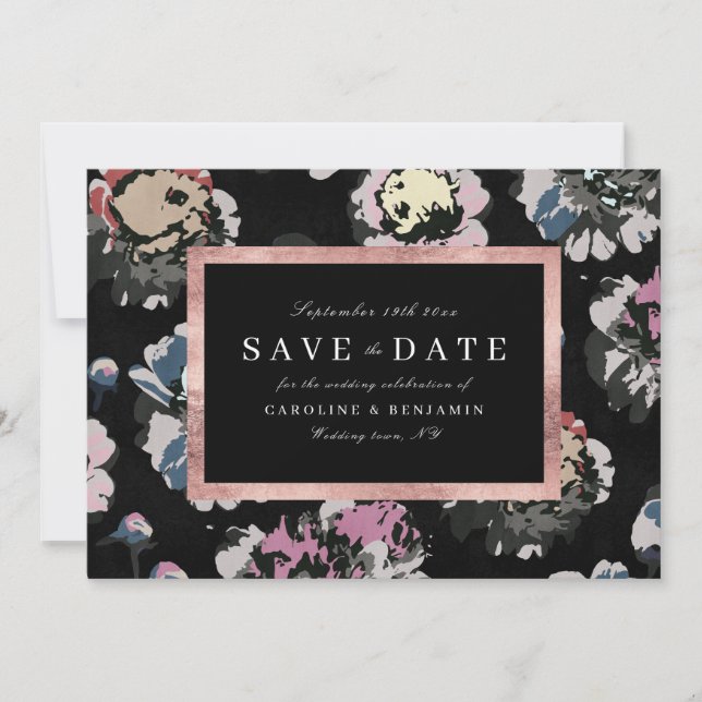 Modern classic black abstract floral  save the date (Front)