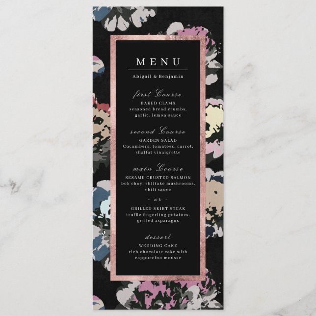 Modern classic black abstract floral wedding menu (Front)