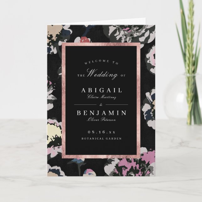 Modern classic black abstract floral wedding programme (Front)
